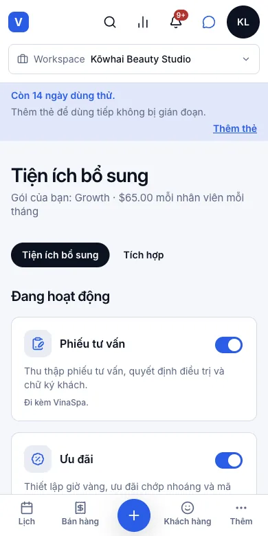 Bật/tắt từng module cho tiệm mình — Tiện ích bổ sung — tất cả đang bật — Điện thoại